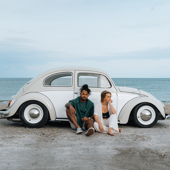 A VW Beetle on a Cornish beach