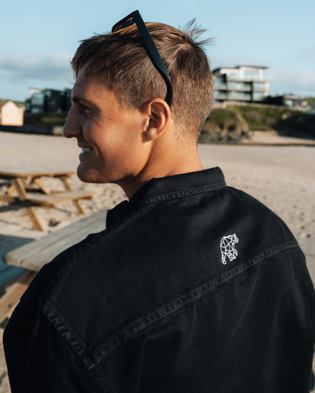 Geometric bear embroidery upper-back shot – soft‑touch cotton overshirt