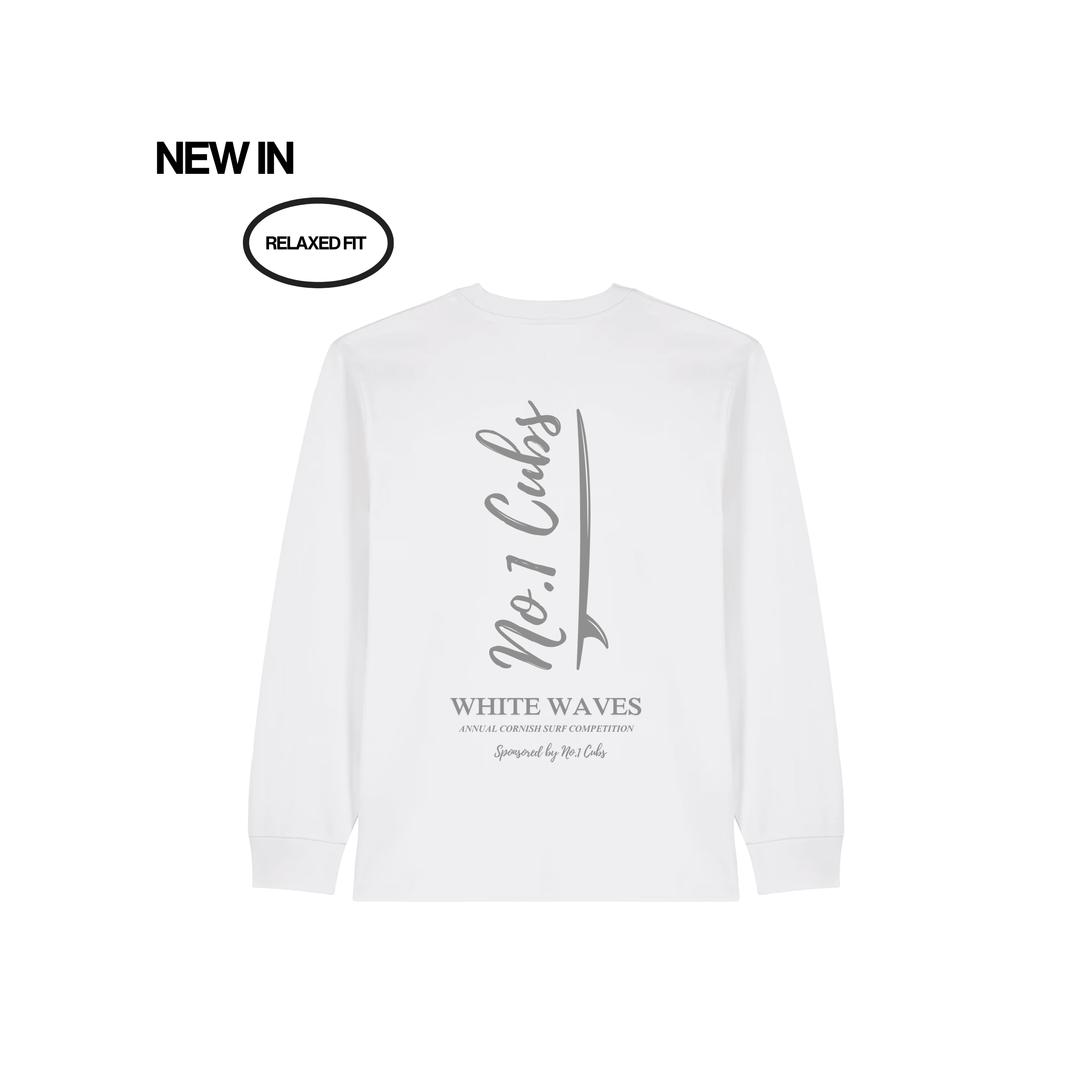 White long-sleeve shirt with text on a white background