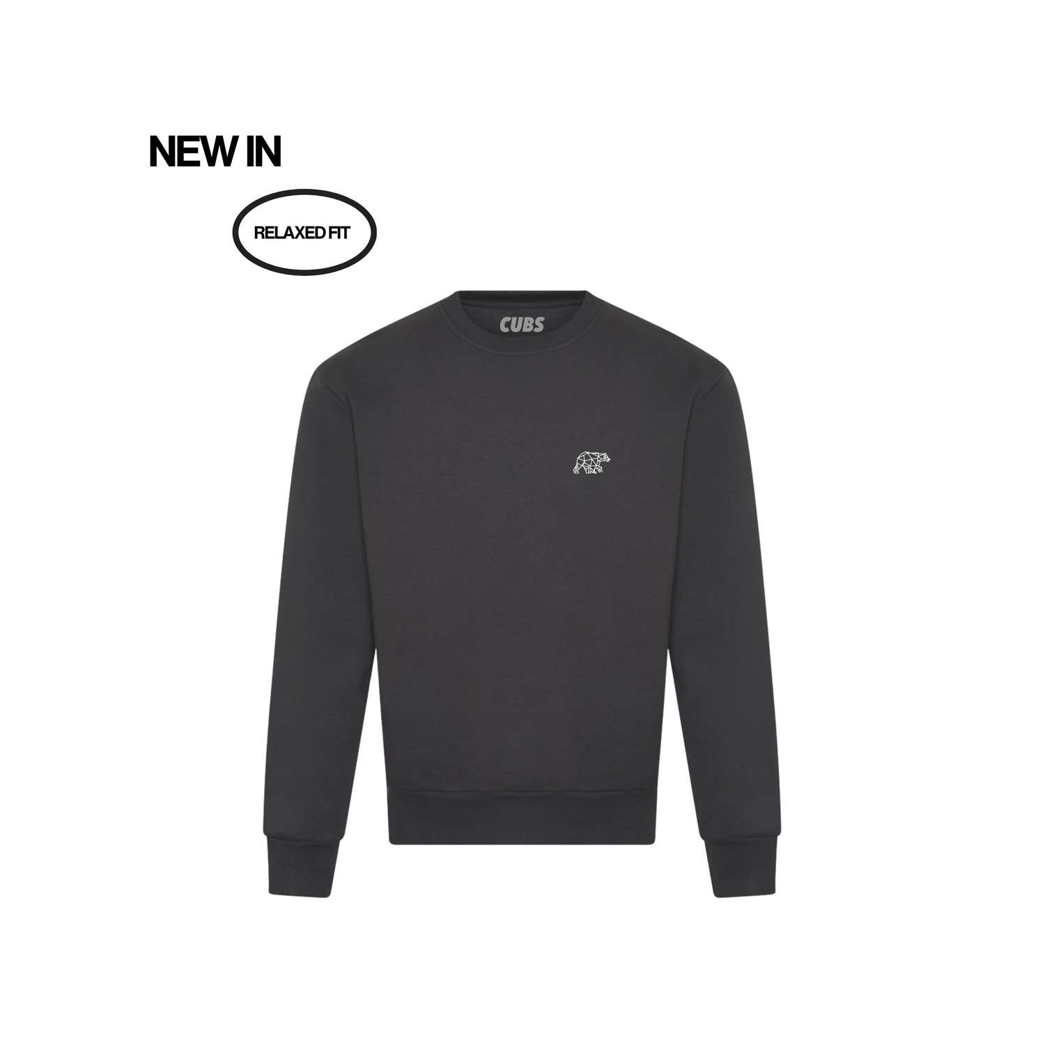 Slate grey sweatshirt with a small logo on a white background