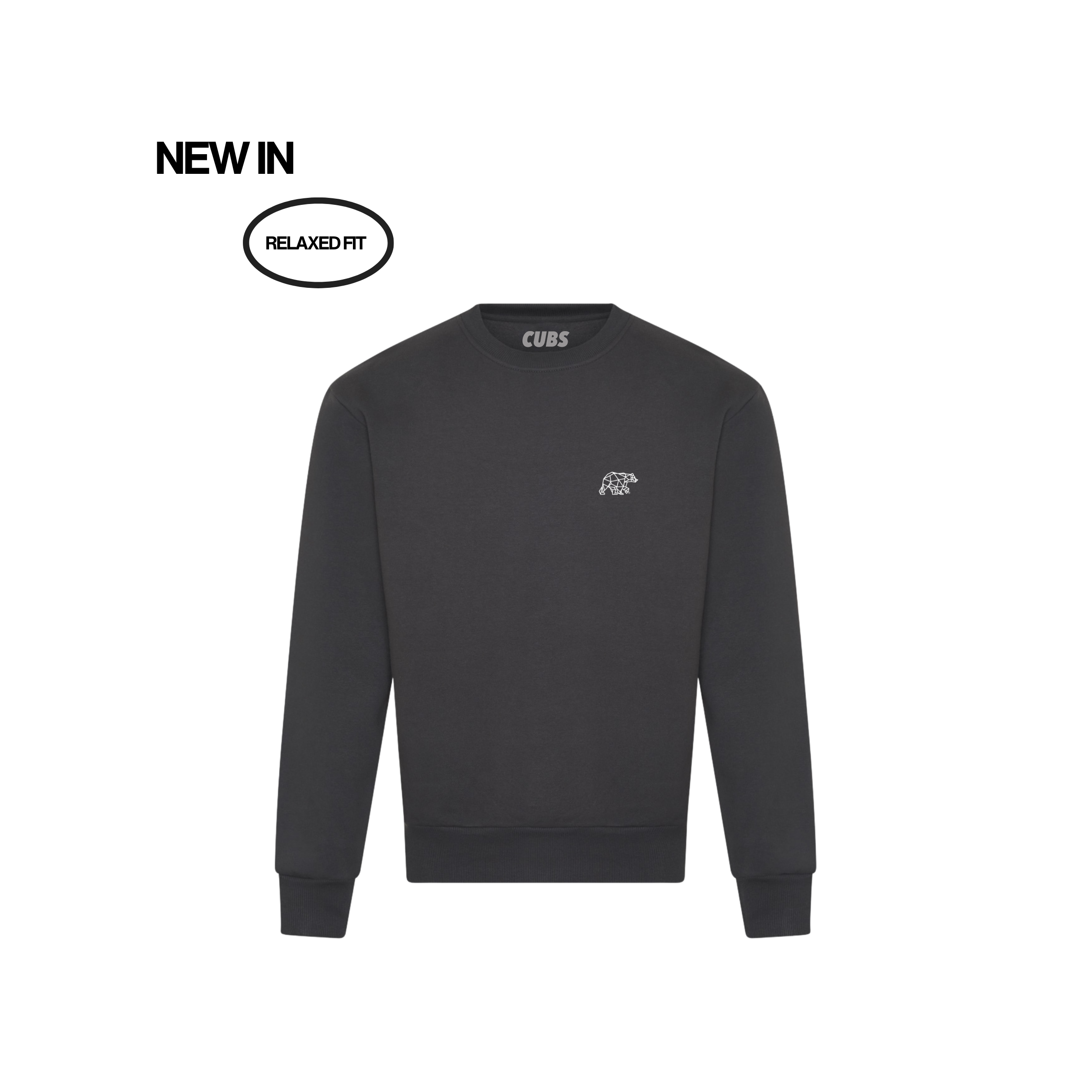 Slate grey sweatshirt with a small logo on a white background